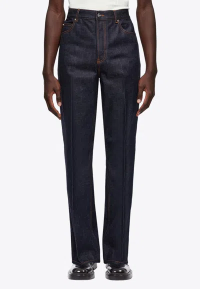 Ferragamo Men Five Pockets Jeans With Logo Tag In Blue