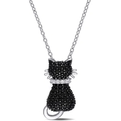 Mimi & Max Black Spinel And Created White Sapphire Kitty Cat Necklace In Sterling Silver In Black