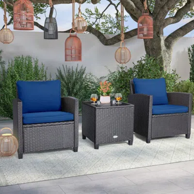 Hivvago 3 Pcs Patio Rattan Furniture Set Cushioned Conversation Set Coffee Table-turquoise