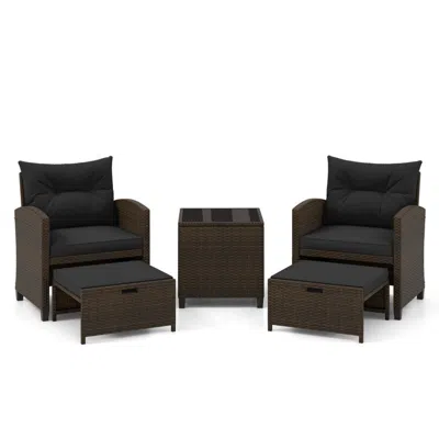 Hivvago 5 Pieces Patio Rattan Furniture With 2 Ottomans And Tempered Glass Coffee Table-black