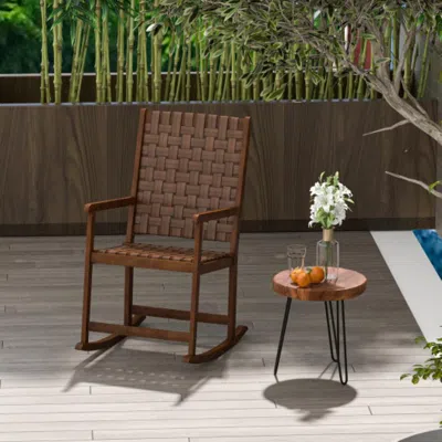 Hivvago Patio Wood Rocking Chair With Pu Seat And Rubber Wood Frame-brown