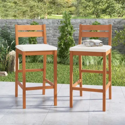 Hivvago Set Of 2 Outdoor Wood Barstools With Soft Seat Cushion-off White
