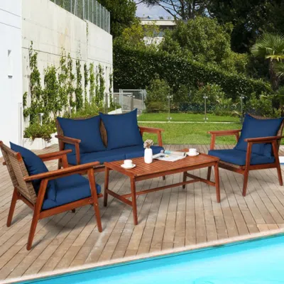 Hivvago 4 Piece Acacia Wood Patio Rattan Furniture Set-navy
