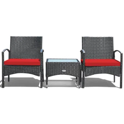 Hivvago 3 Pieces Patio Wicker Rattan Furniture Set With Cushion For Lawn Backyard-red