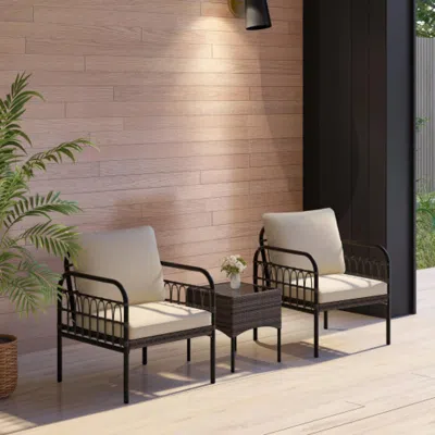 Hivvago 3 Pieces Patio Wicker Conversation Set With Cushions And Tempered Glass Coffee Table-beige