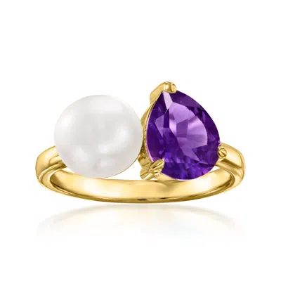 Ross-simons 7-7.5mm Cultured Pearl And Amethyst Toi Et Moi Ring In 18kt Gold Over Sterling In Purple