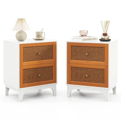 Hivvago Boho Accent Table Nightstand With 2 Handwoven Rattan Decorated Drawers-white