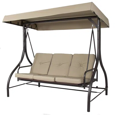 Quikfurn Tan 3-seat Outdoor Porch Deck Patio Canopy Swing With Cushions