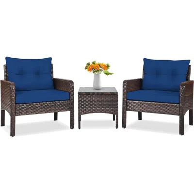 Quikfurn 3-piece Brown Pe Rattan Outdoor Dining Patio Furniture Set With Blue Cushions