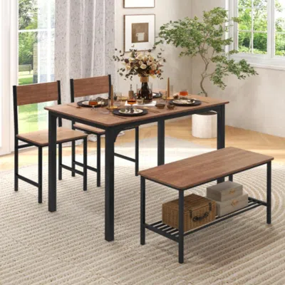 Hivvago 4 Pieces Rustic Dining Table Set With 2 Chairs And Bench-brown