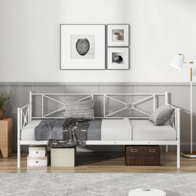 Hivvago Metal Daybed Twin Bed Frame Stable Steel Slats Sofa Bed-white