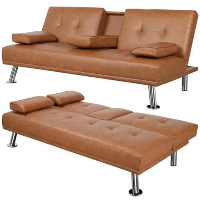 Quikfurn Brown Modern Faux Leather Cup Holders Convertible Sofa Bed Futon Sleeper