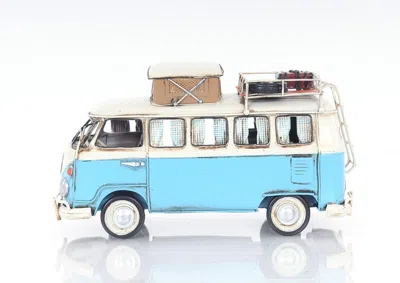 Homezia 6" Blue And White Metal Volkswagen Bus Sculpture