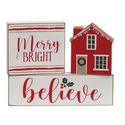 Homegifo 3/set Merry & Bright Believe House Wooden Blocks