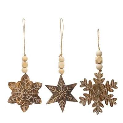 Homegifo Natural Beaded Distressed Wood Grain Snowflake Ornament 3 Asstd.