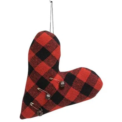 Homegifo *felt Red & Black Buffalo Check Heart Pillow Ornament W/rusty Jingle Bells