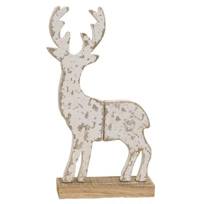 Homegifo Distressed Wooden Snowy Reindeer On Base