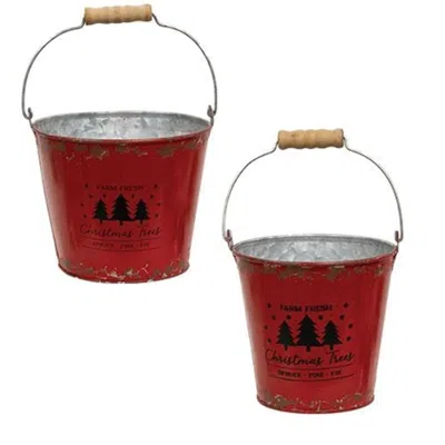 Homegifo 2/set Farm Fresh Christmas Trees Distressed Red Metal Buckets