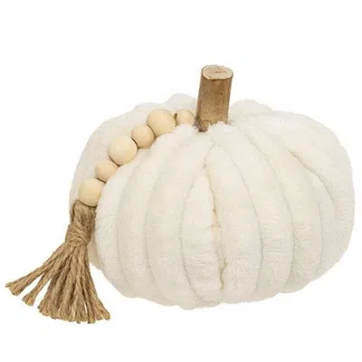 Homegifo Cream Ribbed Pumpkin W/beaded Tassel 5.5"