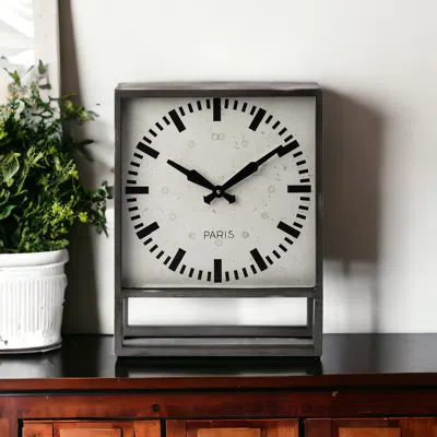 Homezia Square Gray Metal Desk Table Clock With Simple White And Black Face