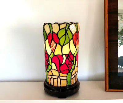 Homezia 14" Red Green And Black Floral Stained Glass Accent Lamp