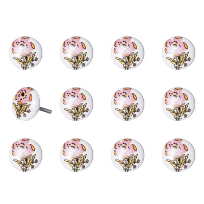 Homezia Floral White And Pink Set Of 12 Knobs In Multi