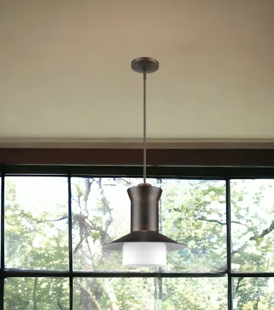 Homezia Greta 1-light Oil-rubbed Bronze Pendant With Gloss White Interior And Etched Glass Shade