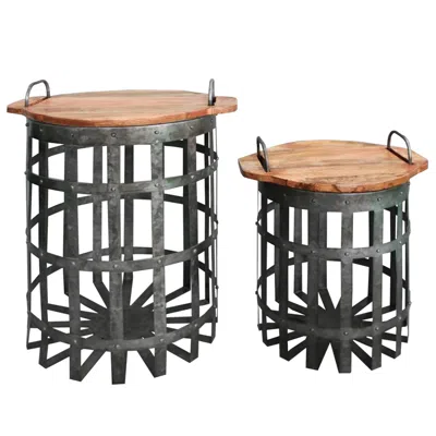 Furnizzeme Industrial Grid Galvanized Accent End Table With Round Lid And Handles, Set Of 2, Gray And Brown