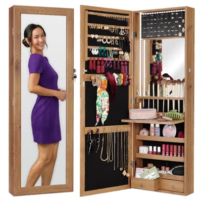 Best Choice Products Hanging Mirror Jewelry Armoire, Door Or Wall Mounted Cabinet W/ Led Lights, Lock In Gray
