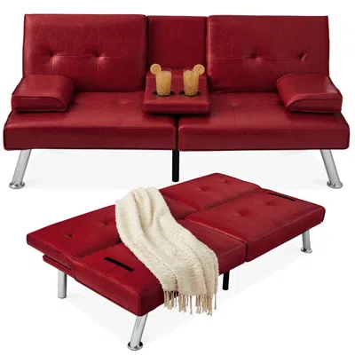 Best Choice Products Modern Faux Leather Convertible Futon Sofa W/ Removable Armrests, 2 Cupholders