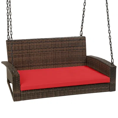 Best Choice Products Woven Wicker Hanging Porch Swing Bench For Patio, Deck W/ Mounting Chains, Seat Cushion