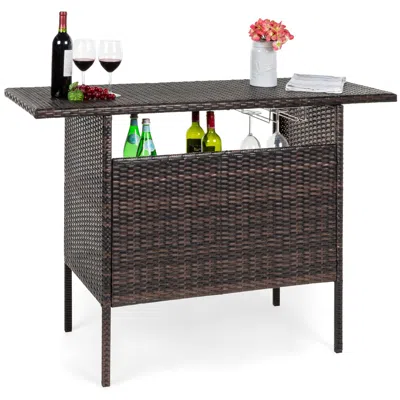 Best Choice Products Outdoor Patio Wicker Bar Counter Table W/ 2 Steel Shelves, 2 Sets Of Rails
