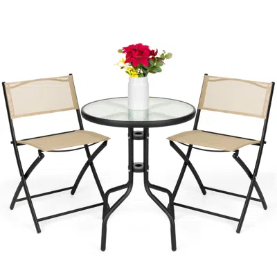 Best Choice Products 3-piece Patio Bistro Dining Furniture Set W/ Round Textured Glass Tabletop, Folding Chairs