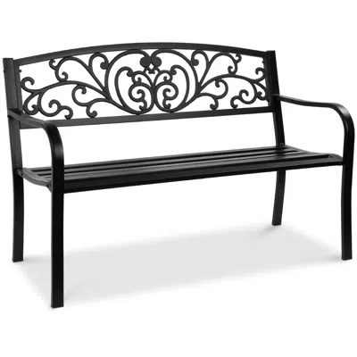 Best Choice Products Outdoor Steel Bench Garden Patio Porch Furniture W/ Floral Design Backrest, Slatted Seat