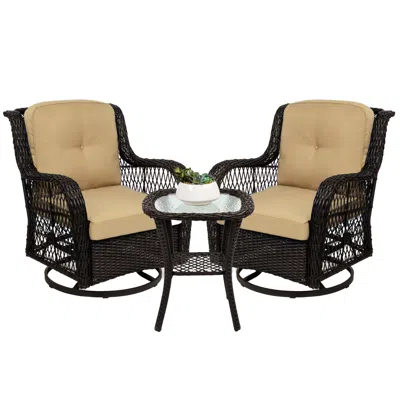 Best Choice Products 3-piece Patio Wicker Bistro Furniture Set W/ 2 Cushioned Swivel Rocking Chairs, Side Table