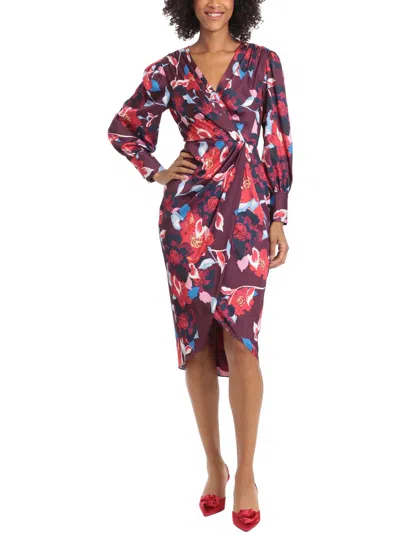 Maggy London Womens Surplice Mid Calf Wrap Dress In Multi