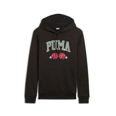 Puma Faux Embroidered Floral Women's Hoodie In Black