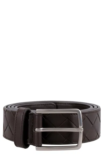 Shop Bottega Veneta Intrecciato Leather Belt With Silver-tone Metal Buckle (5x4.5 Cm) In Brown