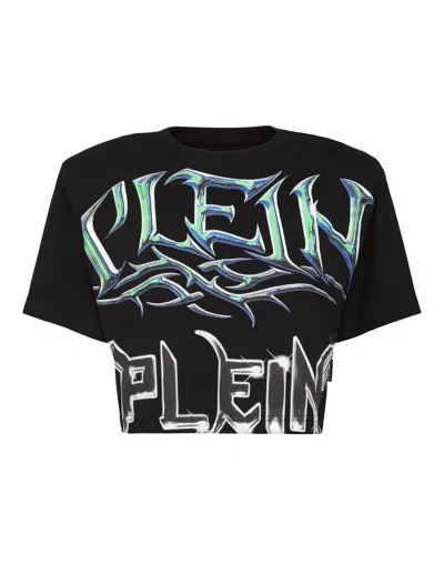 Philipp Plein Padded Shoulder Cropped Top Lettering In Black