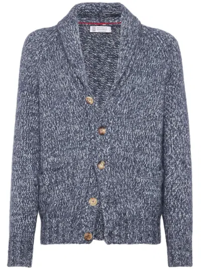 Brunello Cucinelli V-necked Cardigan Wool Shawl Lapels In Navy
