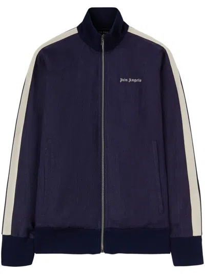 Shop Palm Angels Men's Navy Blue High-neck Track Jacket With Embroidered Logo And Side Stripe Detailing