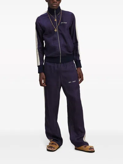 Shop Palm Angels Men's Navy Blue High-neck Track Jacket With Embroidered Logo And Side Stripe Detailing