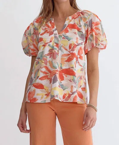 Entro Floral Print Bubble Sleeve Blouse In Peaches And Cream In Multi