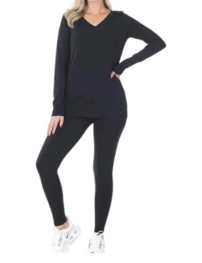 Zenana Vneck Top And Leggings Lounge Pajama Set In Black In Black