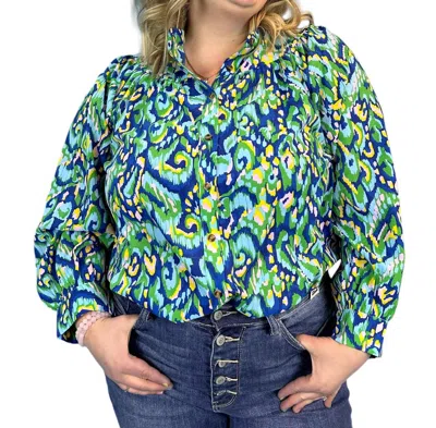 First Love Abstract Print Mandarin Collar Button Down Top In Blue/yellow/green In Multi