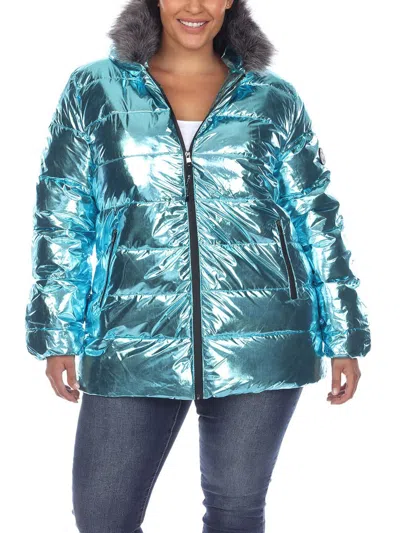 White Mark Plus Size Metallic Puffer Coat With Hoodie In Green