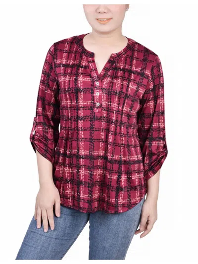 Ny Collection Plus Size 3/4 Roll Tab Sleeve Y Neck Top In Multi