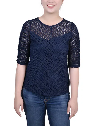 Ny Collection Petites Womens Lace Ruched Blouse In Blue