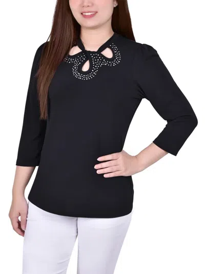 Ny Collection Petites Womens Embellished Twist-neck Blouse In Black