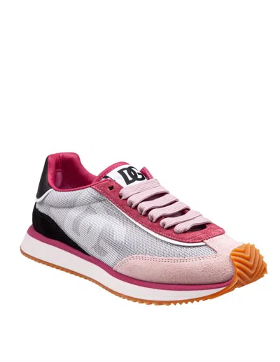 Dolce & Gabbana Cushion Sneakers With Rubber Sole And Leather Trim In Grey/pink